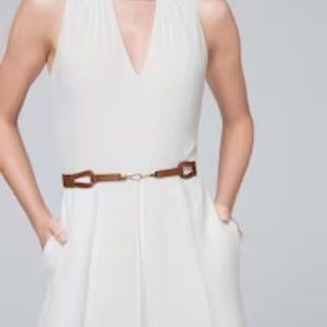 NWT! WHBM Brown Leather Skinny Gold Hook Stretch Belt - Medium